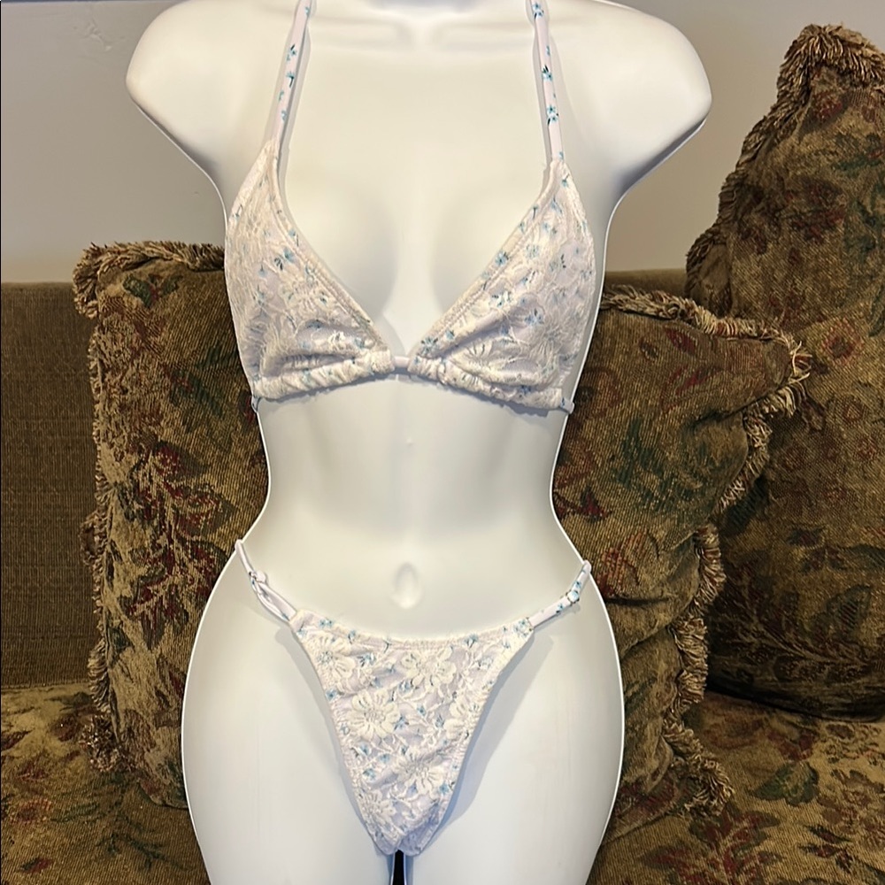 Blue and white floral lace bikini medium new